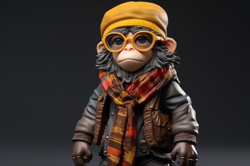 an monkey with glasses wearing a hat and scarf, in the style of bryce 3d, shilin huang, loish, highly detailed figures, toycore, bill gekas, bold character designs --ar 3:2