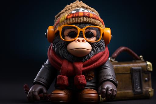 an monkey with glasses wearing a hat and scarf, in the style of bryce 3d, shilin huang, loish, highly detailed figures, toycore, bill gekas, bold character designs --ar 3:2