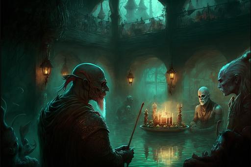 an necromancer ritual, dark, gallows horror ritual, sacrificial rotten whimsical eerie, surreal::3 necromancer bard with a lute, rising skeletons from the ground, fantasy::2 Rose, Skull, candles, Autumn, ornaments, Angelarium dark style, sharp points, ultra high quality, insanely detailed:: extremely tranquil water flowing in lake, with neon pink leaves on trees, a cyan bird in a tree ,nightime clear night, can see the milky way ::1 dark red sunset, a highly detailed storm over a highly detailed lake , crystal clear air, chiaroscuro,, luminism, ::1 burly prisoner men lounging at a medieval spa, dark fantasy ::6 a sytle british victorian town on magical land   the background is green hill and river, necromancer fighting the eldritch warp :: The Count of Monte Cristo, Venice Carnival, beautiful people , wet, ghost , spirit, invocation, jewels, sea, night, full moon, stars, esoteric, sheer, Peridot, emerald green. citrine, ultramarine blue, diomonds, gold, sunset, high contrast, painting classic, oil , style konstantin razumov diodes, bows, velvet vogue, iridescent, holographic, full body pose, transparent details, colorized, neon pastel color palette, :: Thermosolvatochromism, Datamoshing, Gradient-Based Error-Diffusion Dithering --ar 3:2 --c 15 --s 300