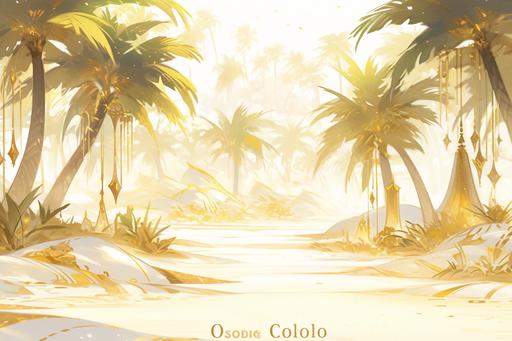 an oasis in a magical desert white sand. sparkling glittering. white, gold --ar 3:2 --niji