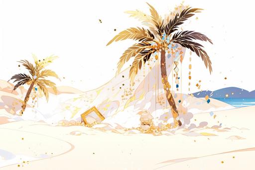 an oasis in a magical desert white sand. sparkling glittering. white, gold --ar 3:2 --niji