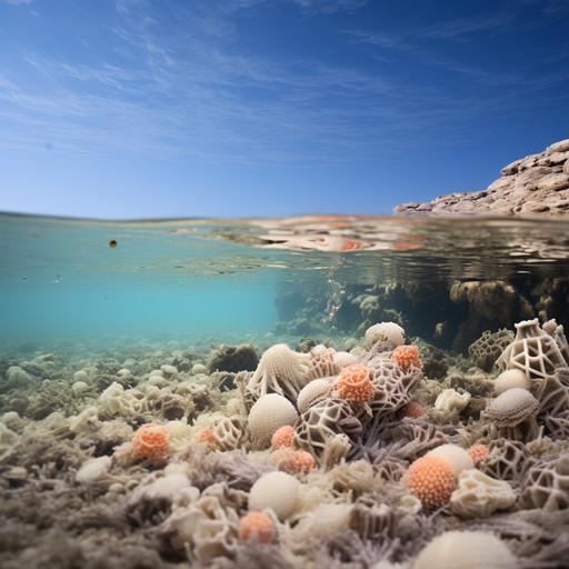 an ocean with coral bleaching and pollution, dead sea life, realsitc