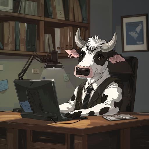 an office cartoon version, with a desk, an laptop, a chair , made me an character without head and with cow fur on his arm (white and black color fur)