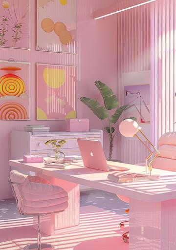 an office with pink furniture, framed posters and a pink desk, dendrobiumcore, in the style of kawaii chic, letras y figuras, collage-based, bright, exquisite, decorative, pastel academia --ar 7:10 --v 6.0