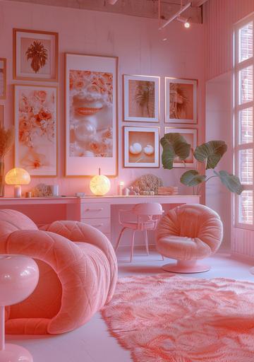 an office with pink furniture, framed posters and a pink desk, dendrobiumcore, in the style of kawaii chic, letras y figuras, collage-based, bright, exquisite, decorative, pastel academia --ar 7:10 --v 6.0 --s 250