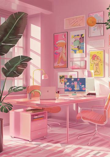 an office with pink furniture, framed posters and a pink desk, dendrobiumcore, in the style of kawaii chic, letras y figuras, collage-based, bright, exquisite, decorative, pastel academia --ar 7:10 --v 6.0