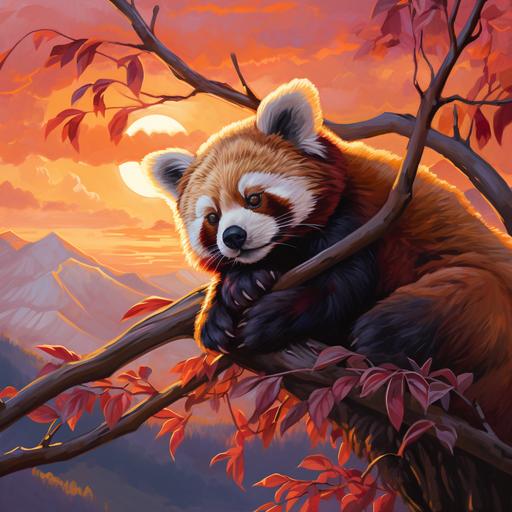 an oil painting illustration of a red panda sleeping at the top of a bamboo tree overlooking a pink sunset over a mountain range.