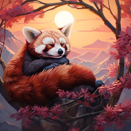 an oil painting illustration of a red panda sleeping with its eyes closed at the top of a high bamboo tree overlooking a pink sunset over a mountain range.
