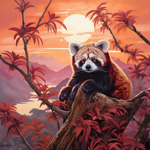 an oil painting illustration of a red panda sleeping at the top of a bamboo tree overlooking a pink sunset over a mountain range.