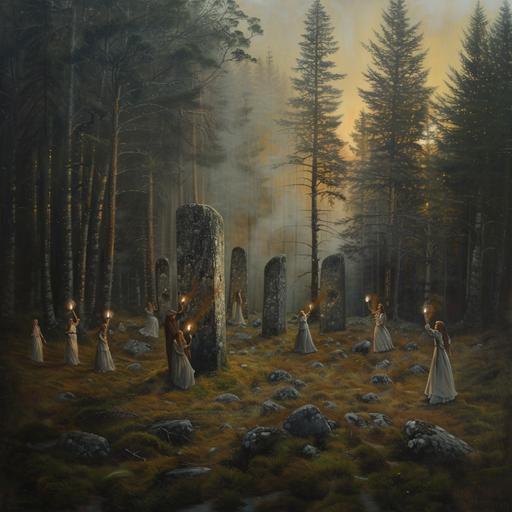 an oil painting of Craigh na Dun- A circle of tall rectangle grey stones surrounded by trees with one big, flat one in the middle. A group of women in white, backlit by the foggy sunset, dance around it with candle lanterns in their hands. It's a really beautiful scene. muted, warm, dark and moody. 4k --v 6.0