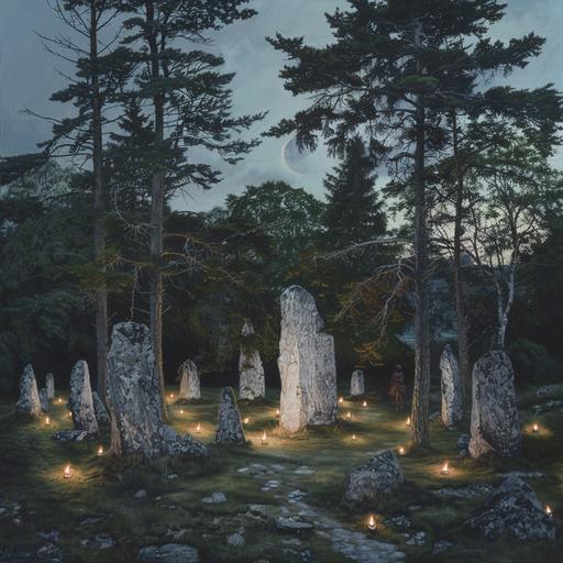 an oil painting of Craigh na Dun- A circle of tall rectangle grey stones surrounded by trees with one big, flat one in the middle. In the show, a group of women in white dance around it with candle lanterns. It's a really beautiful scene. muted and moody. 4k --v 6.0