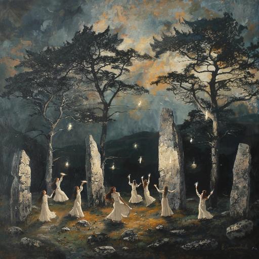 an oil painting of Craigh na Dun- A circle of tall rectangle grey stones surrounded by trees with one big, flat one in the middle. A group of women in white dance around it with candle lanterns in their hands. It's a really beautiful scene. muted, warm, dark and moody. 4k --v 6.0