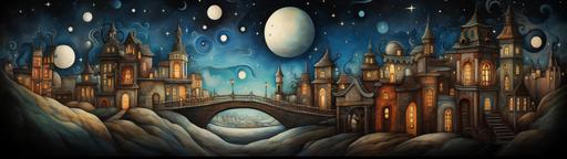 an oil painting of a cartoon town with bright moon and colorful buildings, in the style of naoto hattori, emily balivet, brian kesinger, dark amber and azure, i can't believe how beautiful this is, whimsical animation --ar 512:144