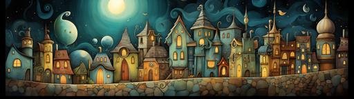 an oil painting of a cartoon town with bright moon and colorful buildings, in the style of naoto hattori, emily balivet, brian kesinger, dark amber and azure, i can't believe how beautiful this is, whimsical animation --ar 512:144
