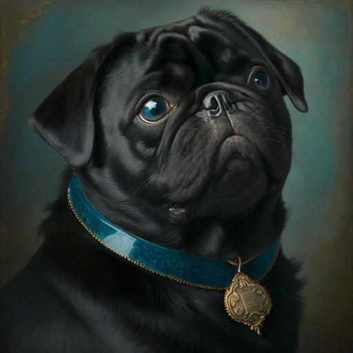 an oil painting of a fat all black pug, shiny black fur, with a pronounced nose fold, dark brown eyes, smaller ears, looking happy, wearing a cerulean blue velvet collar with a gold medallion painted in the style of Vermeer — V5