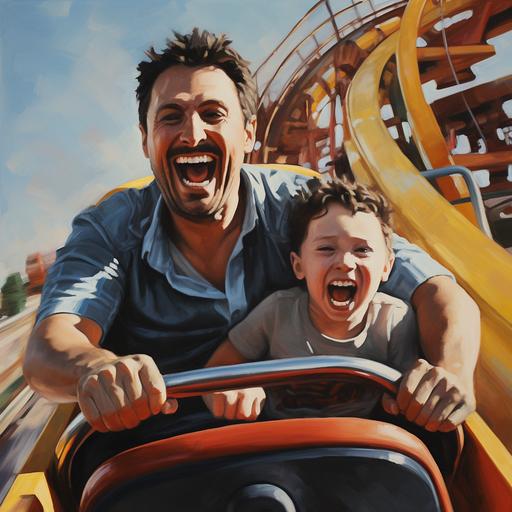 an oil painting of a father and son on a roller coaster