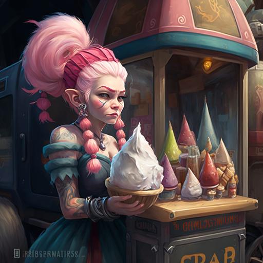 an oil painting of a gorgeous female gnome with pink hair holding a snow-cone standing in front of a vending cart that sells shaved ice cones snow-cones, dungeons and dragons style, fantasy, lord of the rings, illustration, detailed