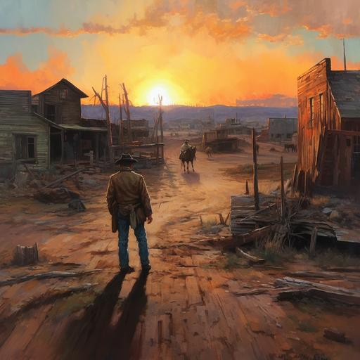 an oil painting of a western sunset, in a small rundown town. In the center is a cowboy, lonely, standing at a distance. The wooden structures of the town seem to lean in due to the perspective. The tone of the painting is quite sad. We can't see the cowboy's face.
