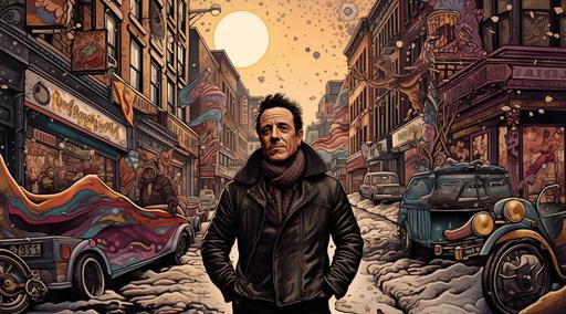 an old Bruce Springsteen illustration realness, in the style of the artist Chris Dyer, layered street scenes, light brown and black, candy-coated, daydreamer, toontown, enviroment --ar 128:71 --s 50 --v 5.2 --style raw