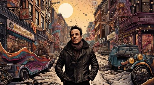 an old Bruce Springsteen illustration realness, in the style of the artist Chris Dyer, layered street scenes, light brown and black, candy-coated, daydreamer, toontown, enviroment --ar 128:71 --s 50 --v 5.2 --style raw