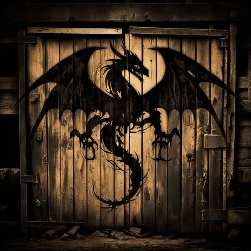 an old barn door with zhentarim symbol - a silhouette of a black wyrm in flight