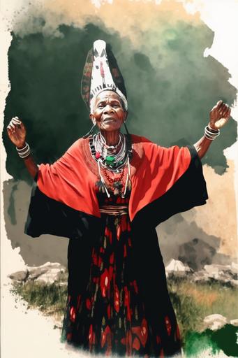 an old black Zulu woman standing proudly full body facing the viewer directly smiling gently with her mouth closed, her hands held up in praise wearing a headdress, red dress and black shawl, watercolour abstract style, joyful, serene, reds and greens, 4k, --ar 2:3 --v 4