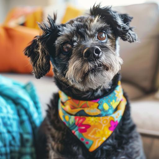 an old black mutt with stylish haircut and a bright colorful bandana, looking up above the camera, sitting on the couch. commercial image for dog hair dye. 4k. natural lighting, bright and airy room. kawaii --v 6.0