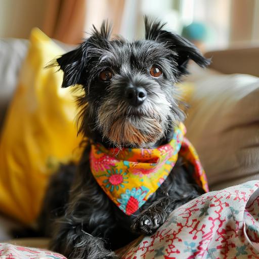 an old black mutt with stylish haircut and a bright colorful bandana, looking in the camera, sitting on the couch. commercial image for dog hair dye. 4k. natural lighting, bright and airy room. kawaii --v 6.0