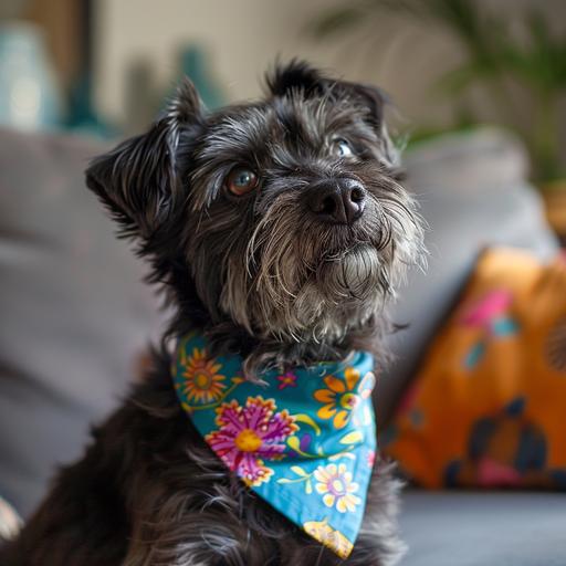 an old black mutt with stylish haircut and a bright colorful bandana, looking up above the camera, sitting on the couch. commercial image for dog hair dye. 4k. natural lighting, bright and airy room. kawaii --v 6.0