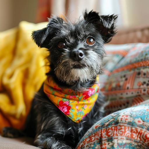 an old black mutt with stylish haircut and a bright colorful bandana, looking in the camera, sitting on the couch. commercial image for dog hair dye. 4k. natural lighting, bright and airy room. kawaii --v 6.0