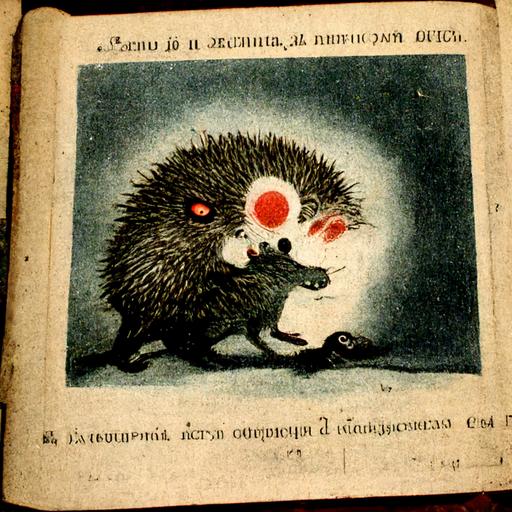 an old book showing picture of an evil rat with red eyes fighting a peacful hedgehog