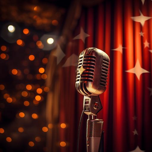 an old fashioned microphone in front of red curtains with stars in the background.
