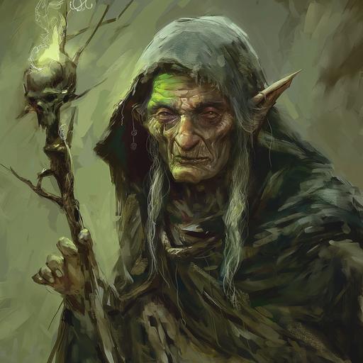 an old female goblin shaman who has a small green flame in her left eye socket and carries a twisted staff with an animal skull on top, wearing a ragged old hooded cloak and flashing a malevolent grin. --v 6.0