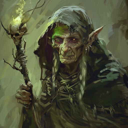 an old female goblin shaman who has a small green flame in her left eye socket and carries a twisted staff with an animal skull on top, wearing a ragged old hooded cloak and flashing a malevolent grin. --v 6.0