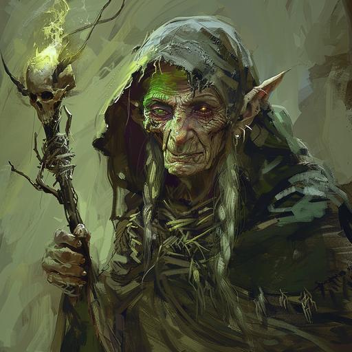 an old female goblin shaman who has a small green flame in her left eye socket and carries a twisted staff with an animal skull on top, wearing a ragged old hooded cloak and flashing a malevolent grin.