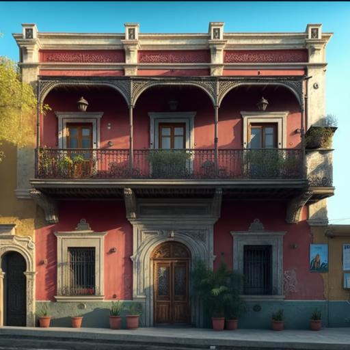 an old house with balconies, hyper realistic, super detailed, 8k, 3d photorealistic,style, belongs to high society, physical features of eleoant woman, hyper realistic, super detailed, 8k, 3d photorealistic, realg --v 4