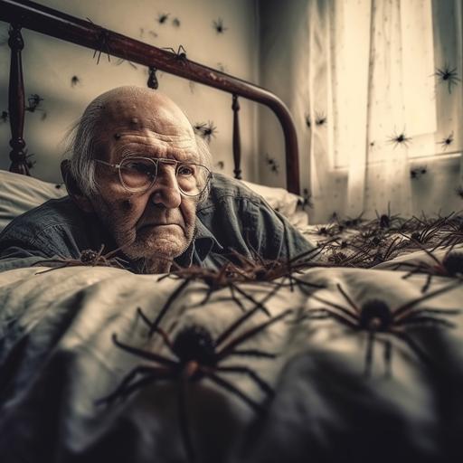 an old man lies with spiders in a dirty and disgusting bed, natural light, high quality, warming up, canon image --v 5 --q 2 --s 750