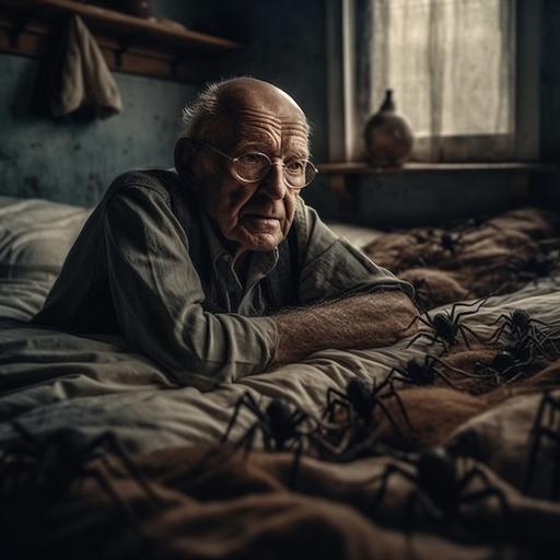 an old man lies with spiders in a dirty and disgusting bed, natural light, high quality, warming up, canon image --v 5 --q 2 --s 750