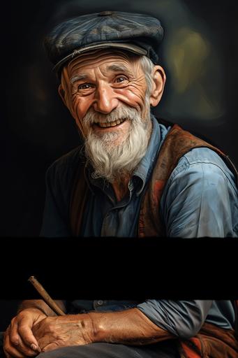 an old man, wearing a cap, smiling, looking tired but happy, in the Turkish character