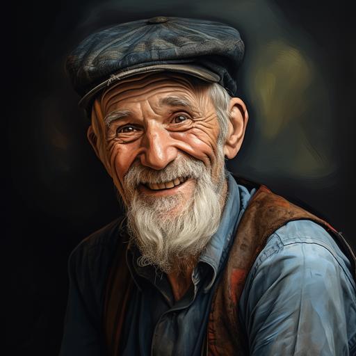 an old man, wearing a cap, smiling, looking tired but happy, in the Turkish character