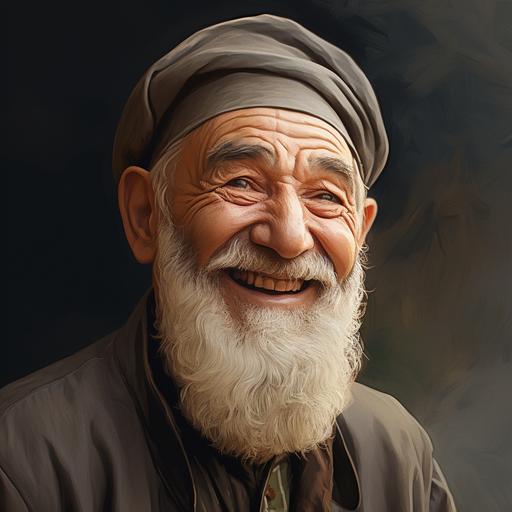 an old man, wearing a cap, smiling, looking tired but happy, in the Turkish character
