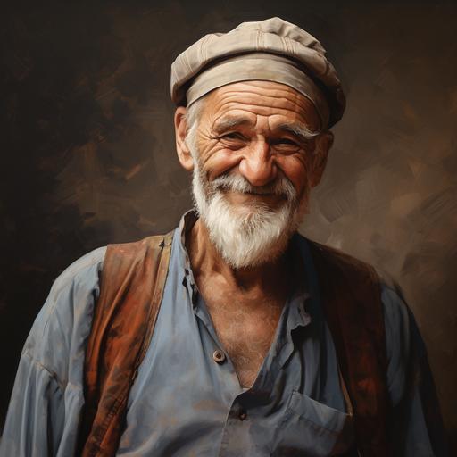 an old man, wearing a cap, smiling, looking tired but happy, in the Turkish character