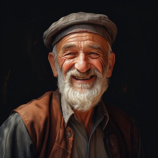 an old man, wearing a cap, smiling, looking tired but happy, in the Turkish character