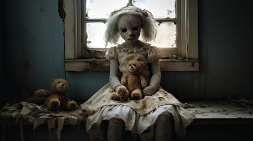 an old porcelain doll sitting slouched on a window sill with her feet dangling off the side, small cracks are beginning to show on the cheeks, he eyes are soulless and faded yet very detailed, wearing a simple white dress and holding an old teddy bear, creepy, unsettling, horror, photorealistic, --ar 16:9
