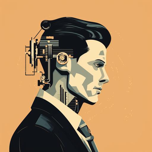 an old retro barber shop poster showing a modern ai robot hair style from side, black and beige