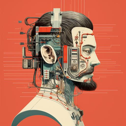 an old retro barber shop poster showing a modern ai robot hair style from side