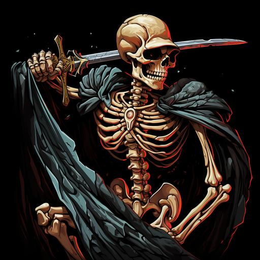 an old skeleton holding sword with slingshot, in the style of harsh palette knife work, simplistic cartoon, black background, medieval-inspired, concept art, jason edmiston, highly stylized figures --s 50