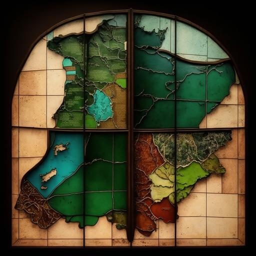 an old stained glass window, an old map of the territory, south west of France, torn into four pieces, 32k