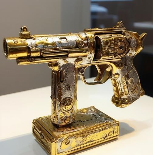 an old style gold gun with a metal look, in the style of poured resin, light silver and crimson, argus c3, nyc explosion coverage, works progress administration (wpa), found-object art, avocadopunk --ar 46:47 --q 2 --s 750 --v 5