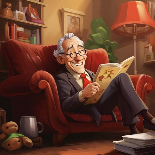 an old verteran businessman smiling and reading his book in his couch with shopping bags in cartoon theme
